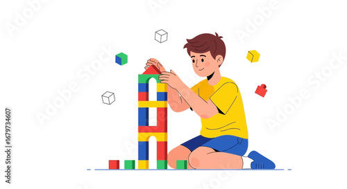 Child Playing With Building Blocks Creating Colorful Tower, Colorful Illustration