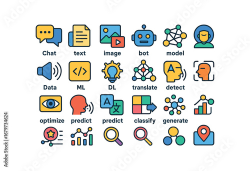 colorful flat vector icons AI (Types) ai chat ai text ai image ai video ai audio ai code ai bot ai model ai data ai ml ai dl ai nlp ai vision ai speech ai translate ai detect ai recommend.