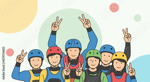Cheerful Group Of People Signaling Victory With Joyful Expression And Gestures Together