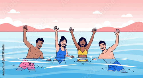 Cheerful group of friends splashing in the water and enjoying a beautiful sunset
