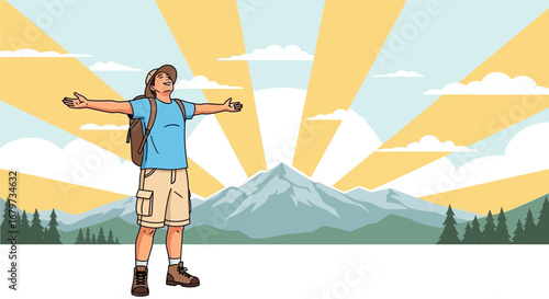 Cheerful Hiker Embraces Freedom and Nature's Beauty in Mountainous Landscape Scene