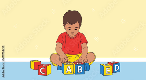 Child Playing With Colorful Alphabet Blocks, Demonstrating Early Childhood Education Concepts