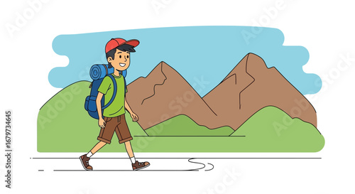 Cheerful Hiker Exploring Mountain Scenery with Backpack and Cap During Daylight Hours