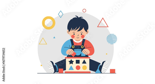 Child Playing With Colorful Geometric Shapes Educational Toy Depicted In Illustration