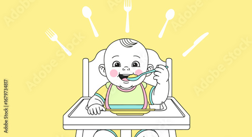 Cheerful Infant Enjoys Meal: A Delightful Representation Of Early Childhood Nutrition
