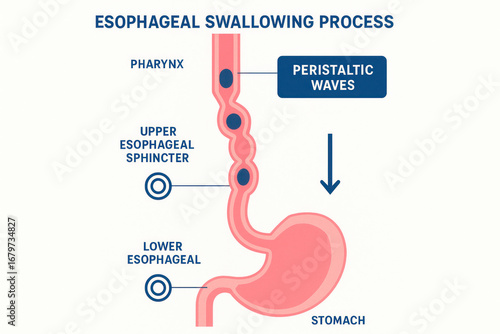 Esophageal Swallowing Process Illustration showing peristaltic waves and anatomical features, Illustration