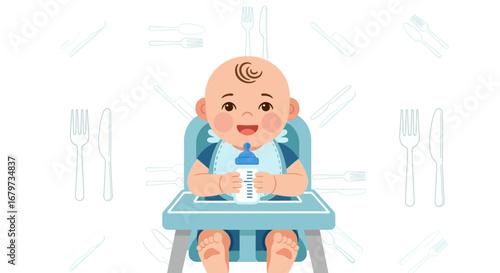 Cheerful Infant Holding Bottle In High Chair, Preparing For Mealtime Joyfully