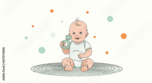 Cheerful Infant Holding Toy, Displaying Joy and Delight, Sitting on Circular Surface