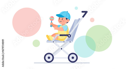Cheerful Infant Enjoys Stroll In A Comfortable Prams, Entertaining Toy And Cute Expression