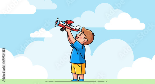 Child Playing with Toy Airplane Outdoors on a Sunny Day and Blue Skies