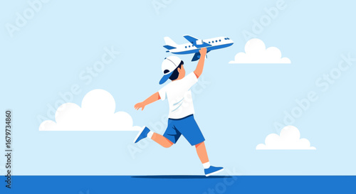 Child Playing With Toy Airplane, Dream Of Flying, Blue Sky With Clouds Illustration