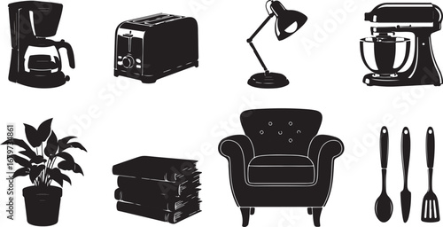Black and White Home Interior Items Illustration Featuring Kitchen Appliances, Furniture, Books, and a Potted Plant