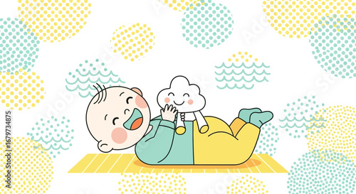 Cheerful infant joyfully plays with a cute cloud plush toy on gentle background