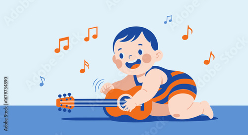 Cheerful Infant Playing Guitar: A Melody Of Joy And Early Musical Exploration