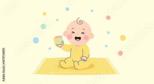 Cheerful Infant Playing With A Cube Toy On A Yellow Rug With Delightful Bubbles