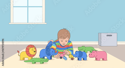 Child Playing With Toy Animals, Creating Imagination And Entertaining, Joyful Moments