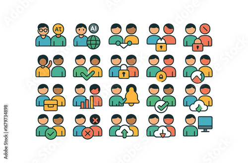 colorful flat vector icons Friends (Advanced) friends smart friends ai friends online friends offline friends connected friends disconnected friends secure friends unsecure friends report.