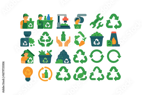 colorful flat vector icons Recycling (Process) recycling collect recycling sort recycling crush recycling melt recycling shred recycling reuse recycling reduce recycling repair recycling.
