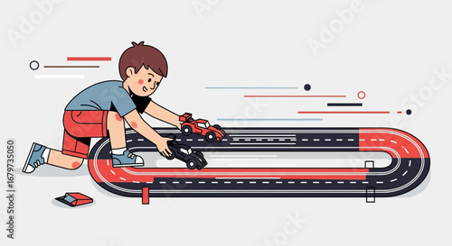 Child Playing With Toy Cars On Track: A Playful Racing Scene Illustration