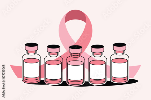 Five vials with pink liquid and white labels in front of a pink ribbon on a light pink background