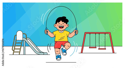 Cheerful Kid Joyfully Skipping Rope On Playground Smiling With Happiness and Energy