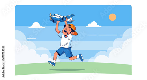 Cheerful Kid Enjoys Time, Playing Outdoors, Holding A Toy Airplane In The Sunshine