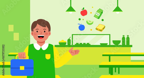 Cheerful Kid In Lunchroom Holding Lunchbox Welcomes Viewers, Food Floating Around