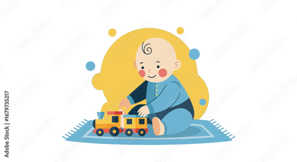 Naklejka premium Child Playing With Wooden Train, Enjoying Early Childhood Moments, Happy Baby, Childhood Joy