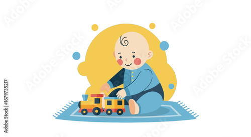 Child Playing With Wooden Train, Enjoying Early Childhood Moments, Happy Baby, Childhood Joy