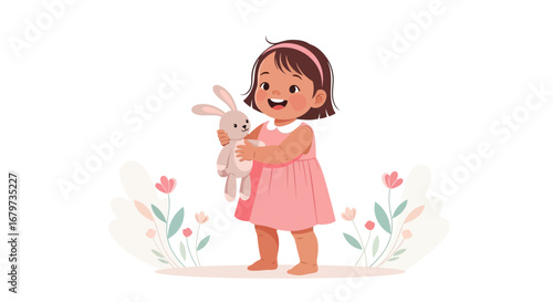 Cheerful Little Girl Holding a Bunny Toy And Adorably Smiling At Viewer's