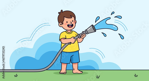 Cheerful Little Boy Plays With Water Hose While Enjoying Summer Fun And Refreshing