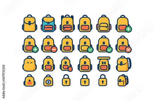colorful flat vector icons Backpack (Basic) backpack icon backpack open backpack closed backpack full backpack empty backpack add backpack remove backpack new backpack old backpack active.