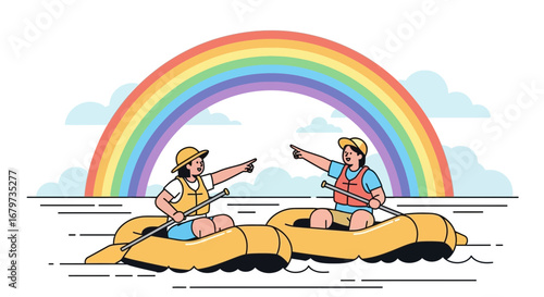 Cheerful People Rafting Under a Vibrant Rainbow, Enjoying the Outdoors Adventure Together