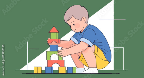 Child Plays With Building Blocks, Creating a Colorful Tower, Focused and Engrossed