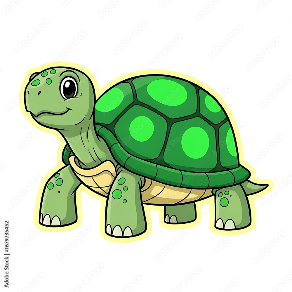 Fototapeta premium Cute cartoon green turtle with a detailed shell isolated on transparent background