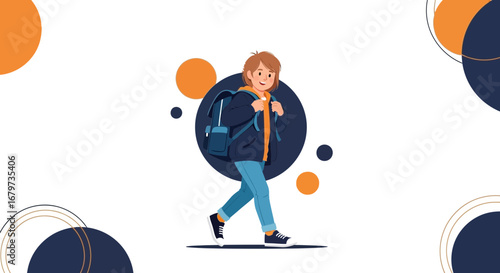 Cheerful Pupil Walking Outdoors With Backpack Against Stylized Blue Circles Background