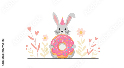 Cheerful Rabbit Celebrating With A Delicious Donut Amidst Floral Springtime Decorations