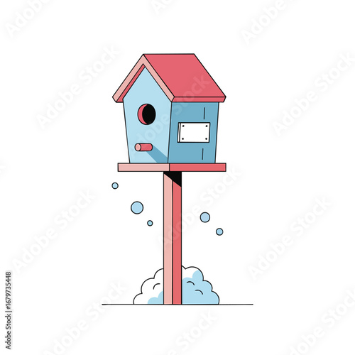 A charming blue and red birdhouse on a wooden post.