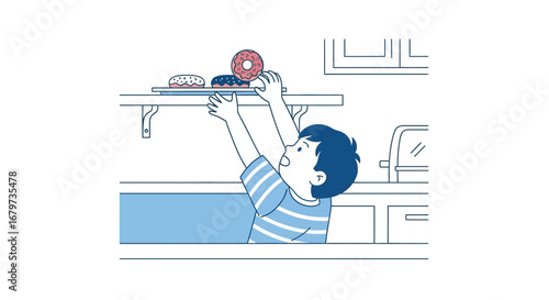 Child Reaching For Doughnut From Shelf, Simple Illustration Of Desire And Temptation