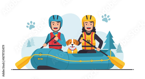 Cheerful Rafting Experience With Two Humans And A Dog On A Serene Landscape