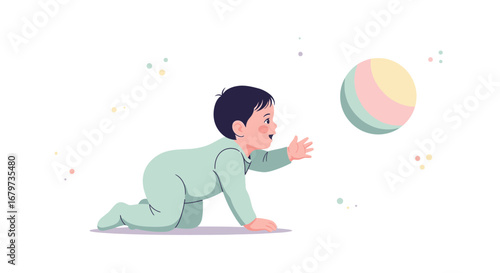 Child Reaching For Pastel Ball While Crawling Creating A Moment Of Joy And Curiosity
