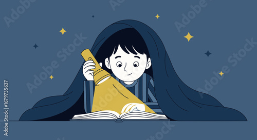 Child Reading Under Blanket With Flashlight, Enjoying Bedtime Story In The Dark