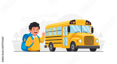 Cheerful Student Waving Goodbye Beside A Vibrant Yellow School Bus Vector Illustration