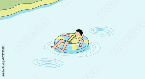 Child Relaxing on Inner Tube in a Lake or Pool, Summer Vacation Cartoon Illustration