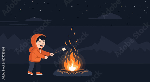 Child Roasting Marshmallow Near Bonfire Under Starry Nocturnal Sky at Campsite