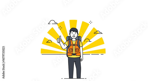 Cheerful traveler giving thumbs up gesture with a vibrant yellow background and sun rays