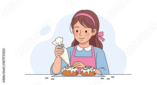 Cheerful Woman Baking Cinnamon Rolls, Decorating Pastries for Delightful Desserts and Sweet Treats