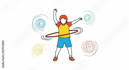 Child Swinging Hoop in Energetic and Playful Manner Illustrated with Spiraling Elements