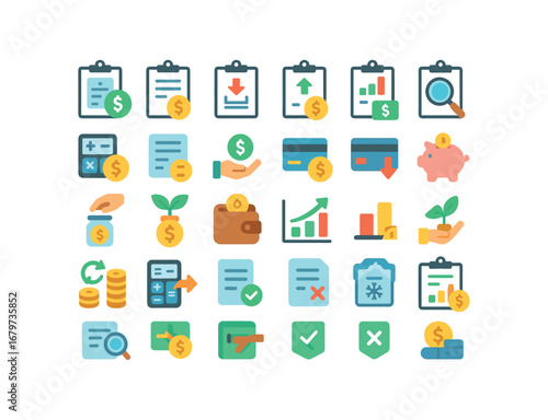 colorful flat vector icons Budget (Finance) budget income budget expense budget balance budget surplus budget deficit budget tax budget fee budget loan budget credit budget debit budget.