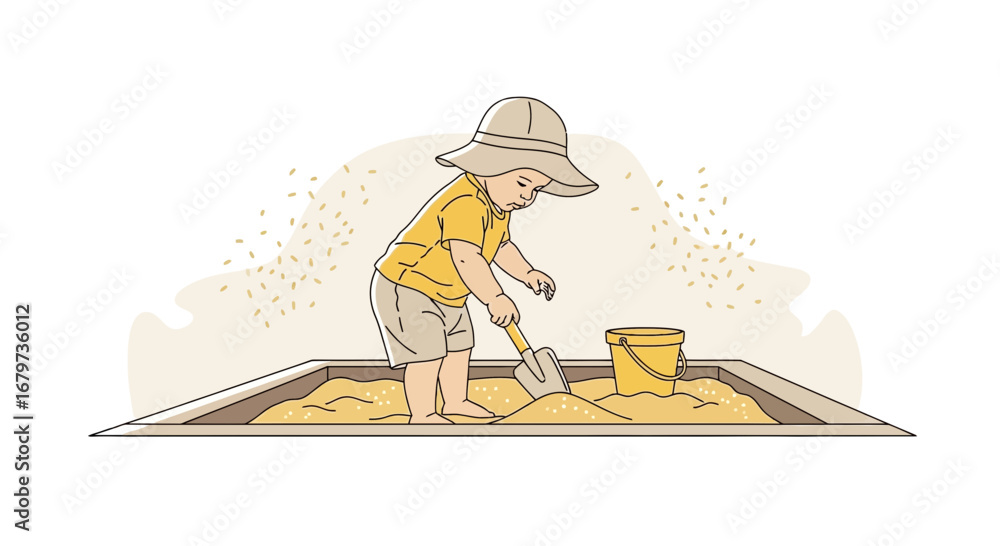 Obraz premium Child With Hat Joyfully Playing With A Shovel In Sandbox, Enjoying Sun